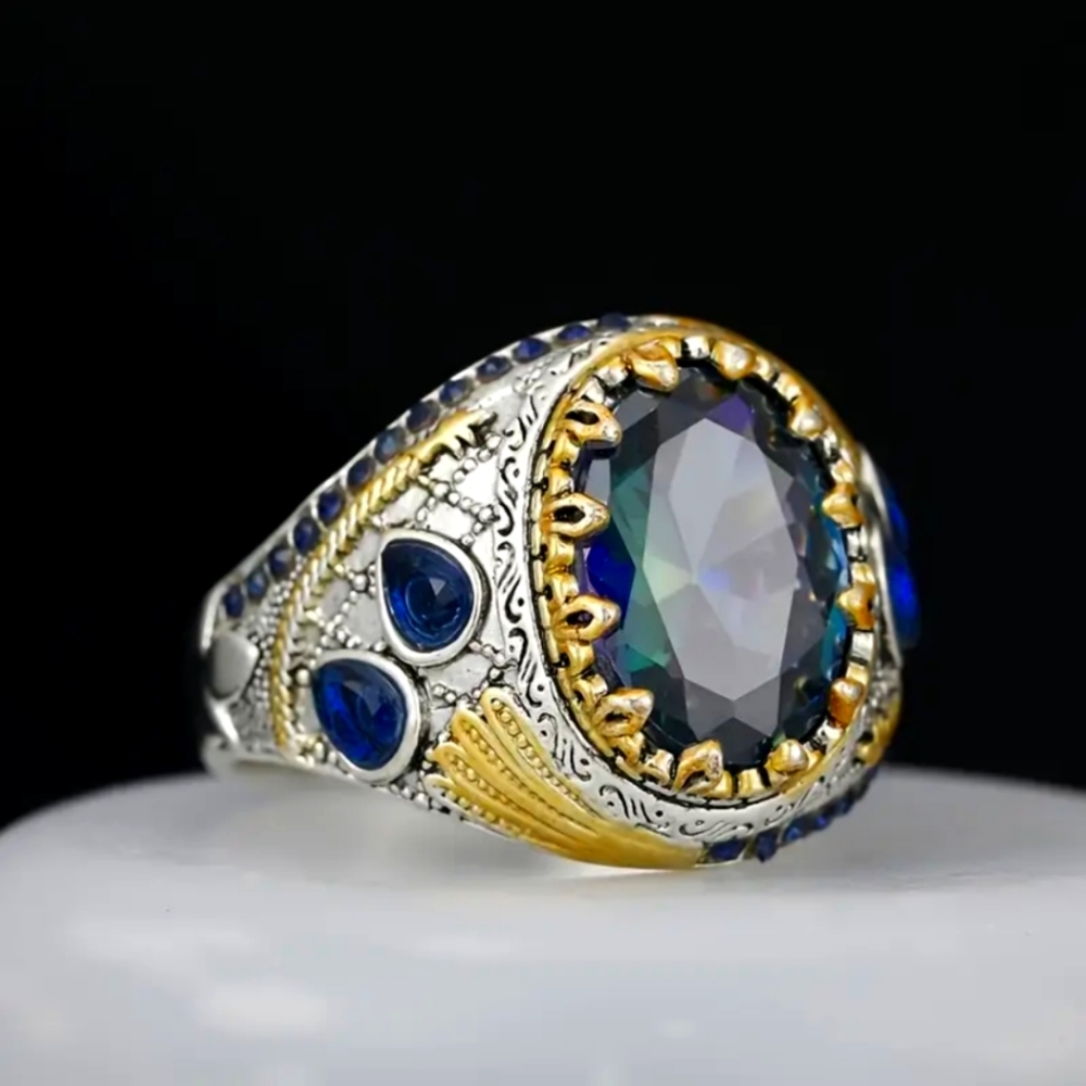 Fashion Men's Vintage Artificial Colorful Gem Ring Two Color Golden Plated